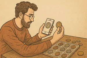 A man with a beard observes his collection of coins and digitizes it with a smartphone.