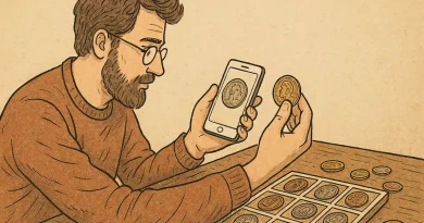 A man with a beard observes his collection of coins and digitizes it with a smartphone.