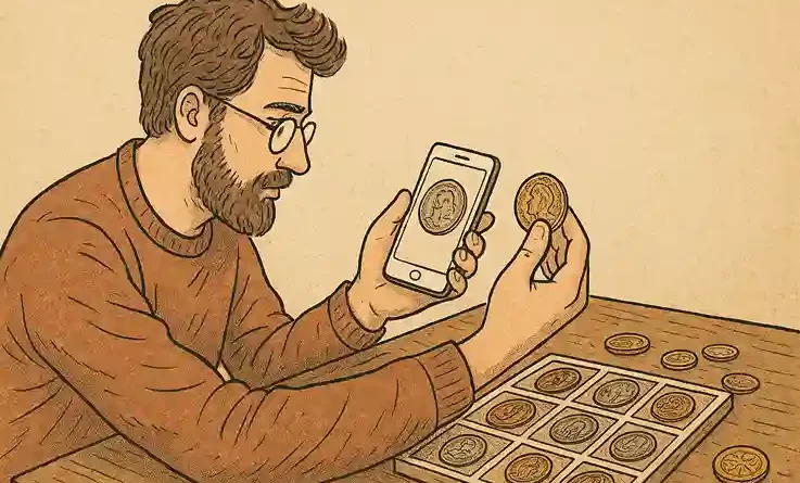 A man with a beard observes his collection of coins and digitizes it with a smartphone.