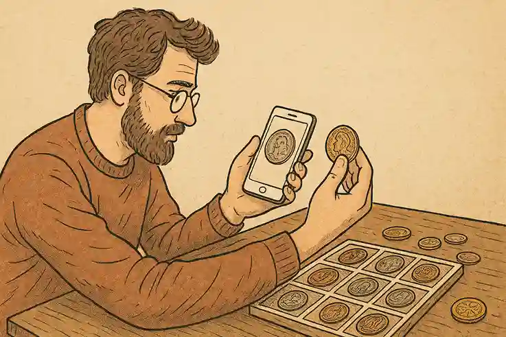 A man with a beard observes his collection of coins and digitizes it with a smartphone.
