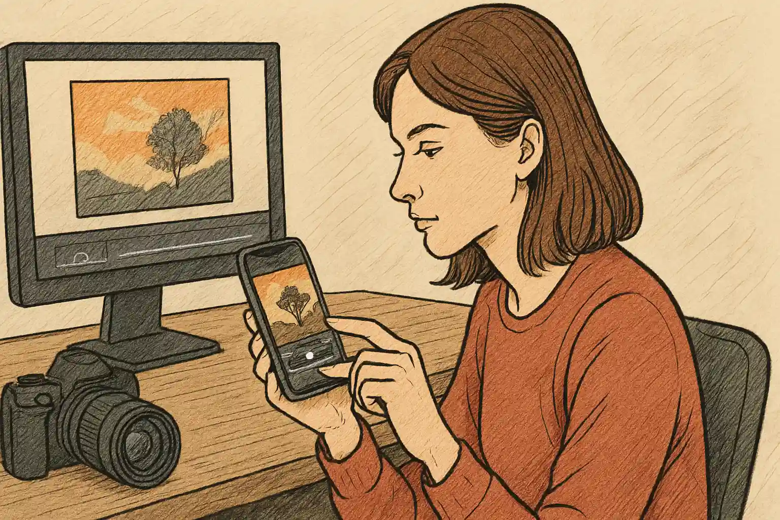 A woman, professional photographer, edits a photo on her smartphone.
