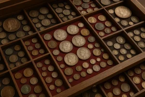 A high-resolution photo of an extensive vintage coin collection arranged in a wooden display case with red and brown velvet-lined compartments, featuring silver and copper coins.
