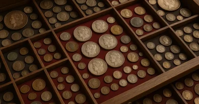 A high-resolution photo of an extensive vintage coin collection arranged in a wooden display case with red and brown velvet-lined compartments, featuring silver and copper coins.