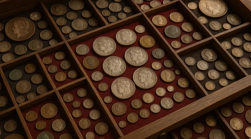A high-resolution photo of an extensive vintage coin collection arranged in a wooden display case with red and brown velvet-lined compartments, featuring silver and copper coins.