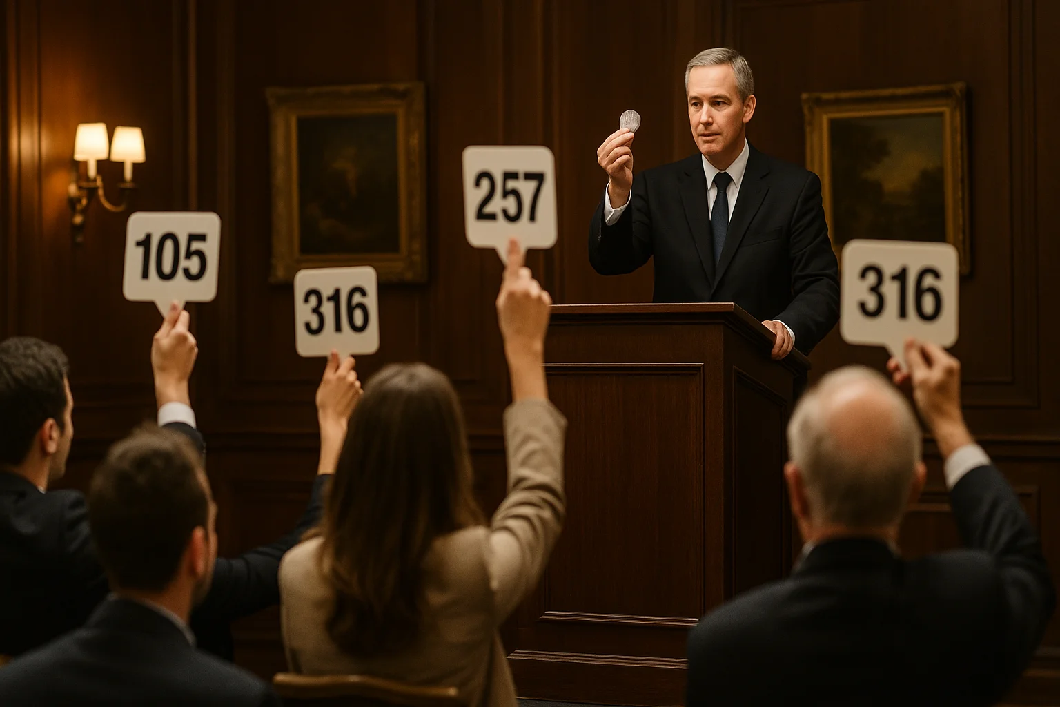 A professional coin auction taking place in a refined wood-paneled room, with a male auctioneer presenting a silver coin while multiple bidders raise numbered paddles.