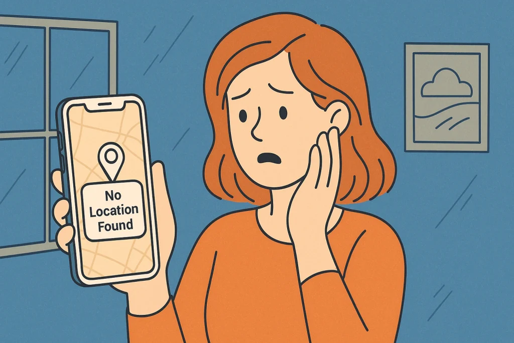 A woman is scared and nervous while seeing the ‘No location found’ message.