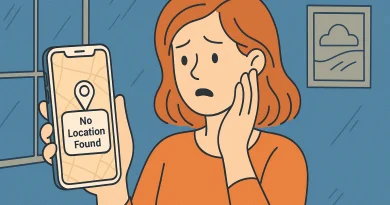 A woman is scared and nervous while seeing the ‘No location found’ message.