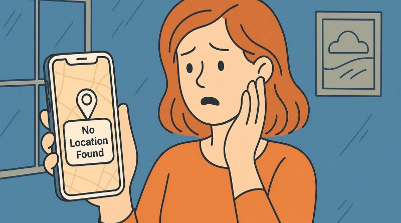 A woman is scared and nervous while seeing the ‘No location found’ message.