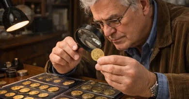 Collector examines Australian one-dollar coins with a magnifying glass at a wooden desk.