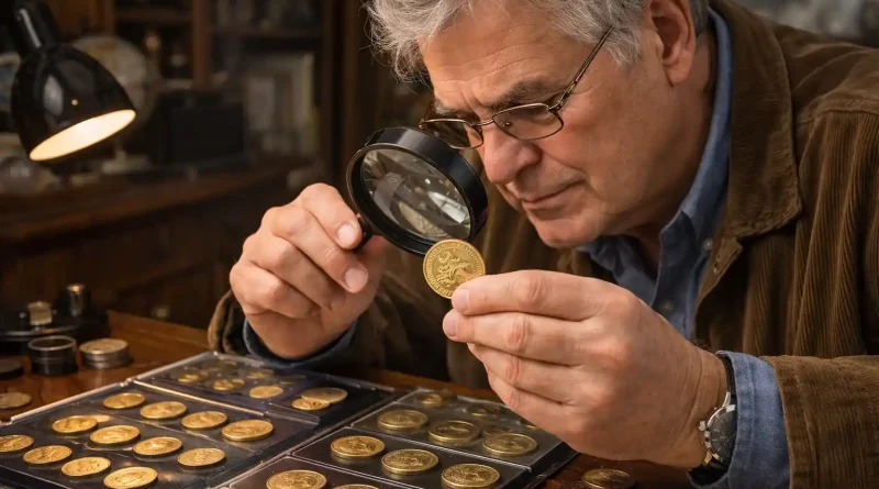 Collector examines Australian one-dollar coins with a magnifying glass at a wooden desk.