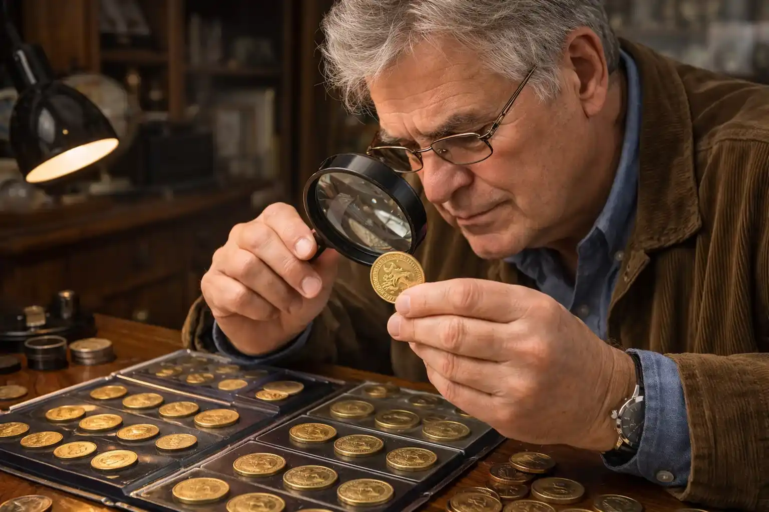 Collector examines Australian one-dollar coins with a magnifying glass at a wooden desk.