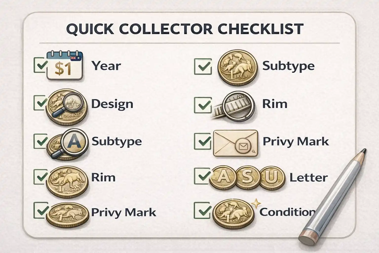 Checklist showing key features to review on Australian $1 coins.